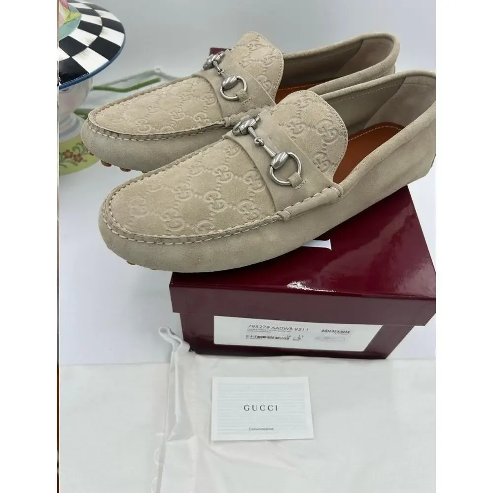 Men's Gucci GG embossed oatmeal suede driver loafers size 11 fits 11.5 US